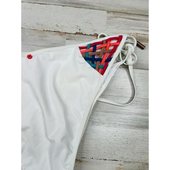 Red Carter Cali Cut White Pattern Side Tie Metal Tips Bikini Bottom Size Large - Picture 12 of 13